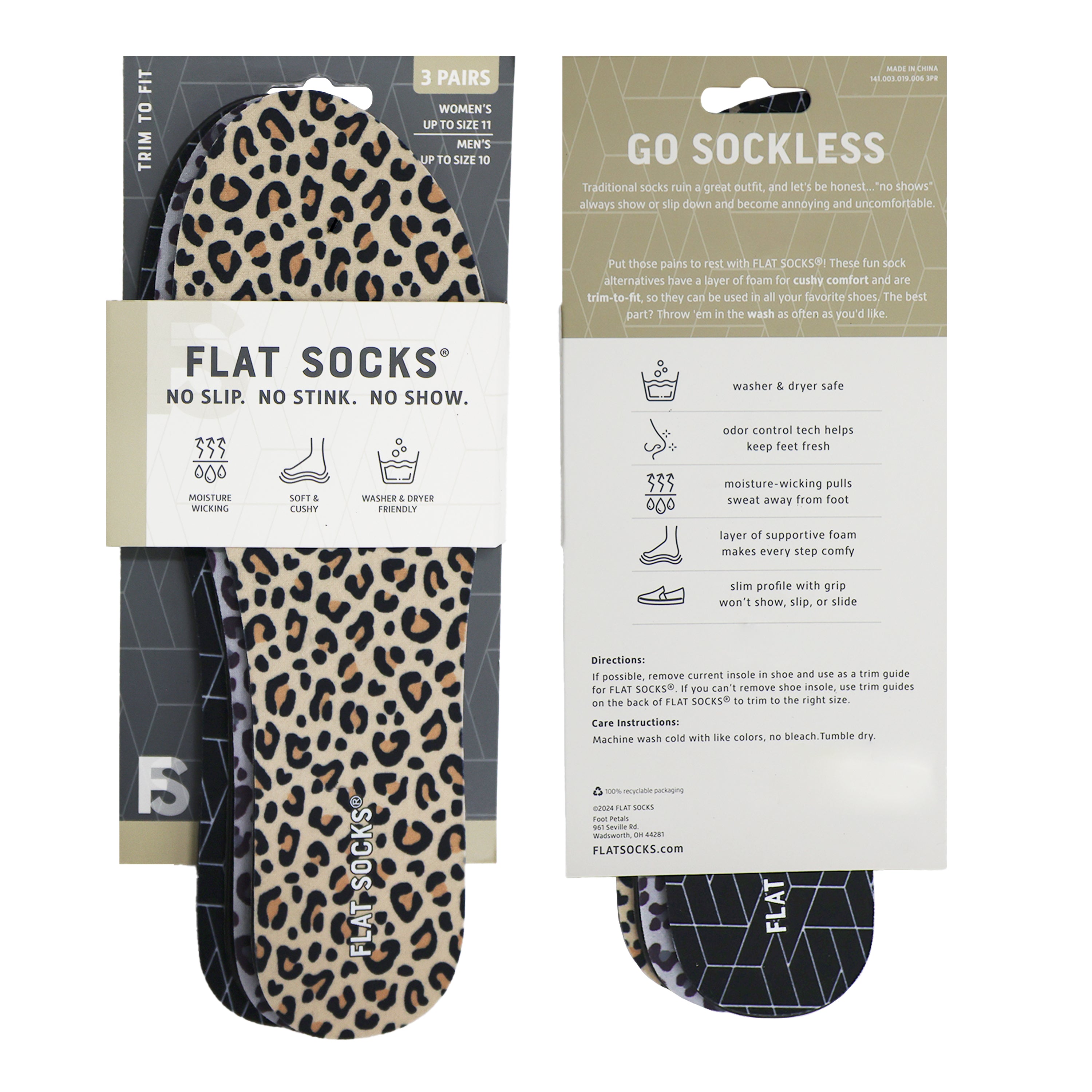 Flat Socks 3 Pack Small, Black, Snow Leopard & Leopard