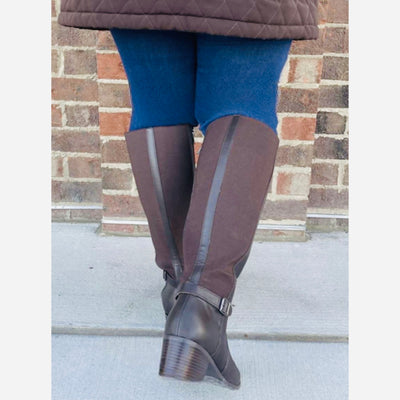 Easy Spirit Chaza tall leather riding boots in extended sizes with wide calf option, knee-high almond toe design, and low block heel.
