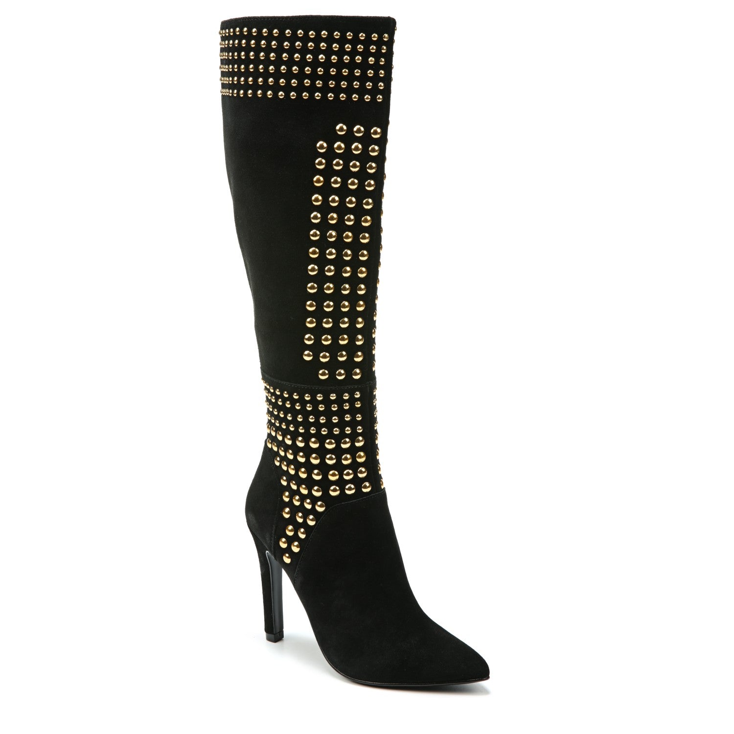 The Fergie Danica is sophistication all wrapped in this tall shaft suede leather boot with gold studded metal detailing and a pointed toe. Cow suede leather, 17.5" Shaft, Circumference 13", Synthetic traction outsole, Smooth lining, 4" Suede covered heel, Cushion insole for all day long comfort