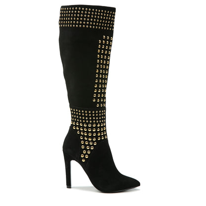 The Fergie Danica is sophistication all wrapped in this tall shaft suede leather boot with gold studded metal detailing and a pointed toe. Cow suede leather, 17.5" Shaft, Circumference 13", Synthetic traction outsole, Smooth lining, 4" Suede covered heel, Cushion insole for all day long comfort