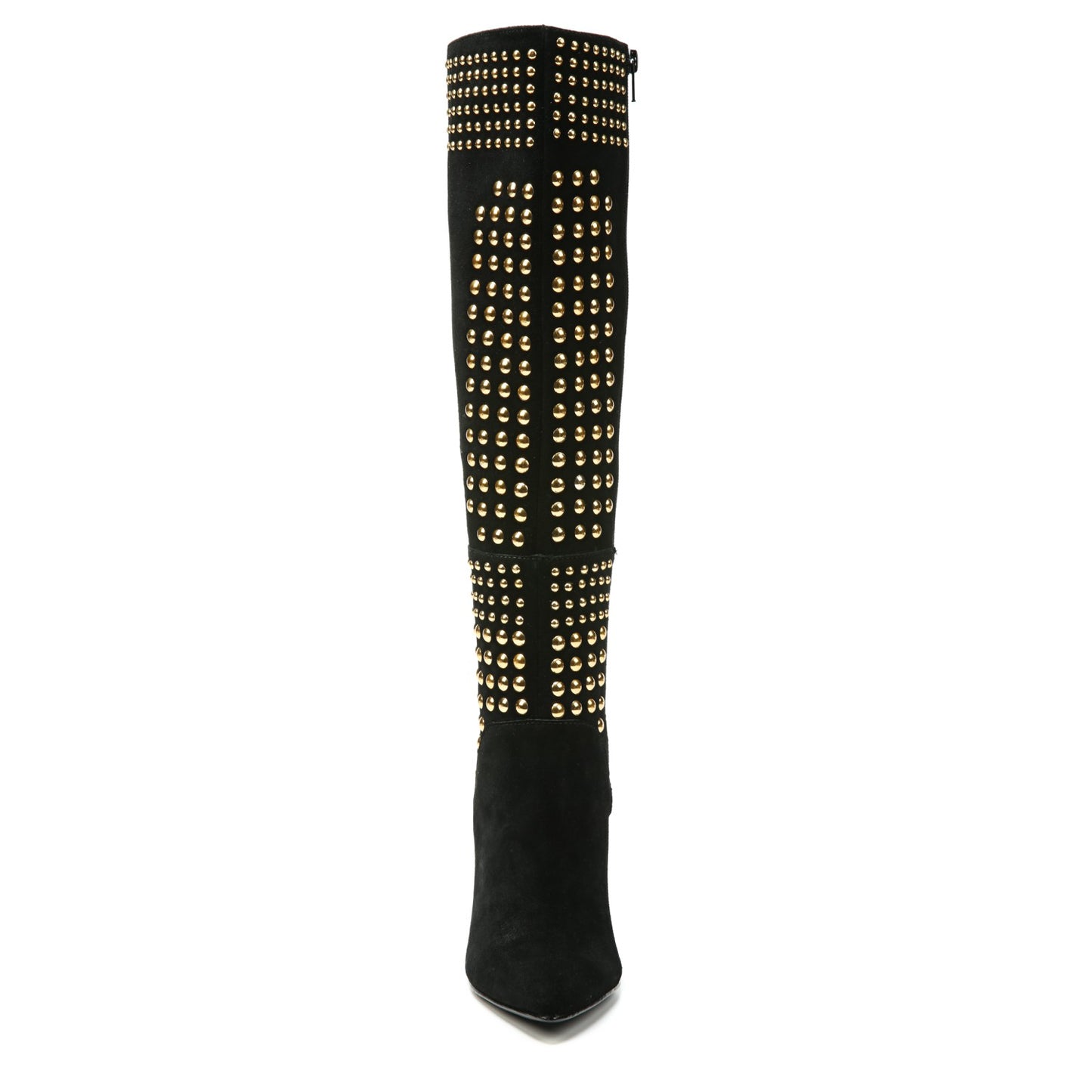 The Fergie Danica is sophistication all wrapped in this tall shaft suede leather boot with gold studded metal detailing and a pointed toe. Cow suede leather, 17.5" Shaft, Circumference 13", Synthetic traction outsole, Smooth lining, 4" Suede covered heel, Cushion insole for all day long comfort