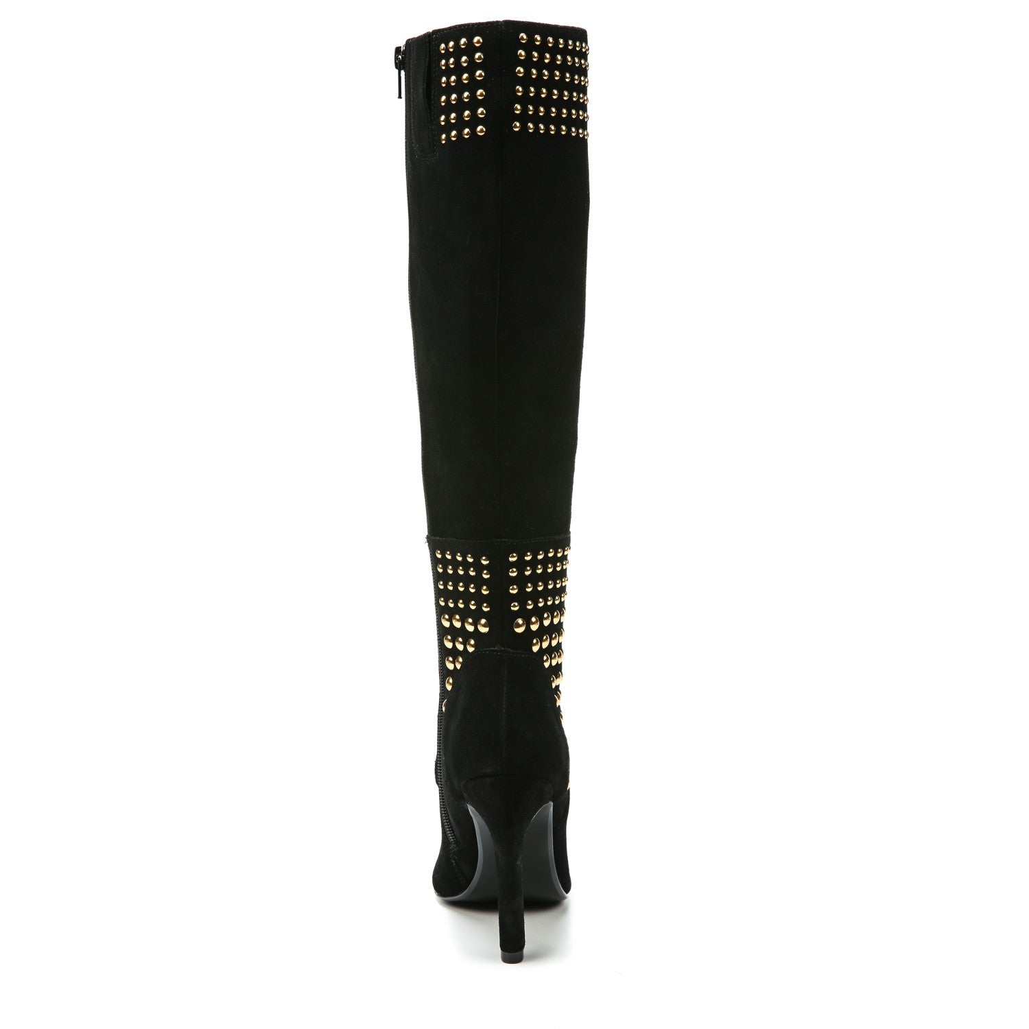 The Fergie Danica is sophistication all wrapped in this tall shaft suede leather boot with gold studded metal detailing and a pointed toe. Cow suede leather, 17.5" Shaft, Circumference 13", Synthetic traction outsole, Smooth lining, 4" Suede covered heel, Cushion insole for all day long comfort